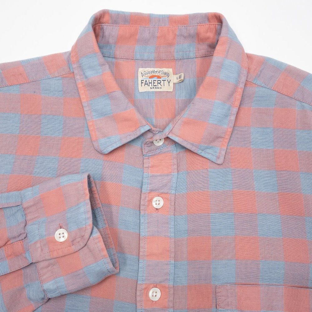 Faherty Linen Blend Shirt Men's Large Long Sleeve Check Plaid Lightweight Preppy